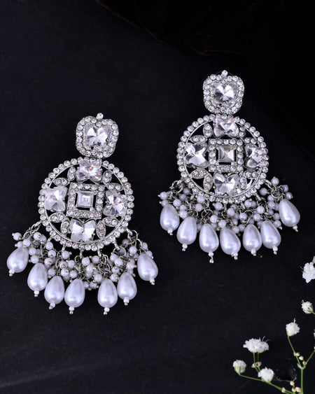VOJ Silver Plated Stone Studded Crescent Shaped Earrings