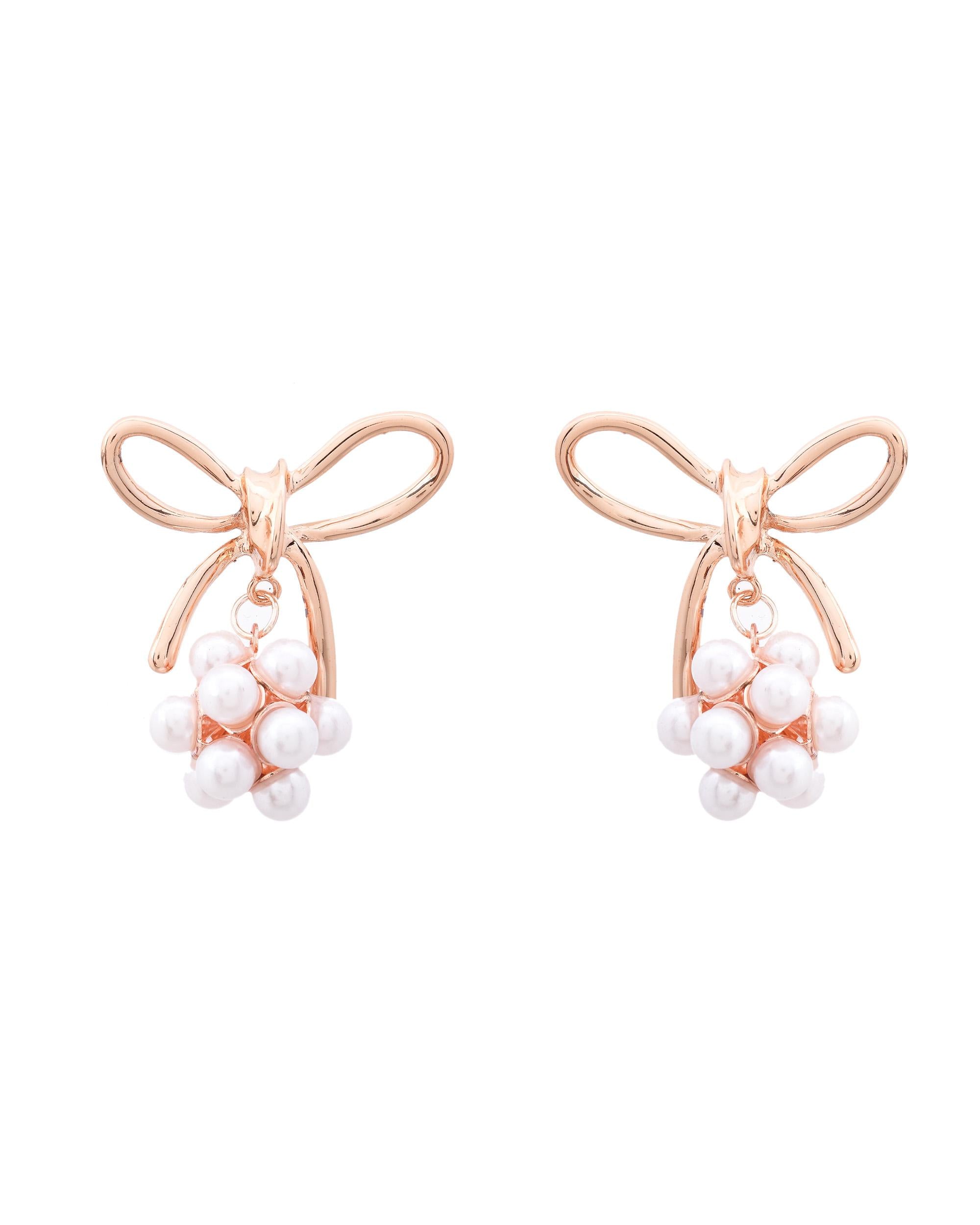 VOJ Rose Gold-Polished Pearl With Bow Shaped Designer Earrings - Distacart