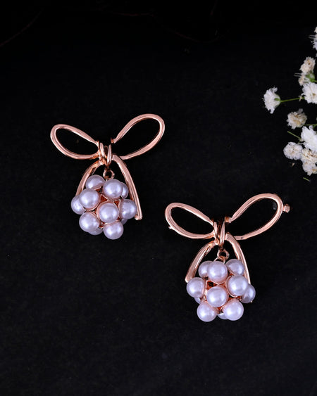 VOJ Rose Gold-Polished Pearl With Bow Shaped Designer Earrings