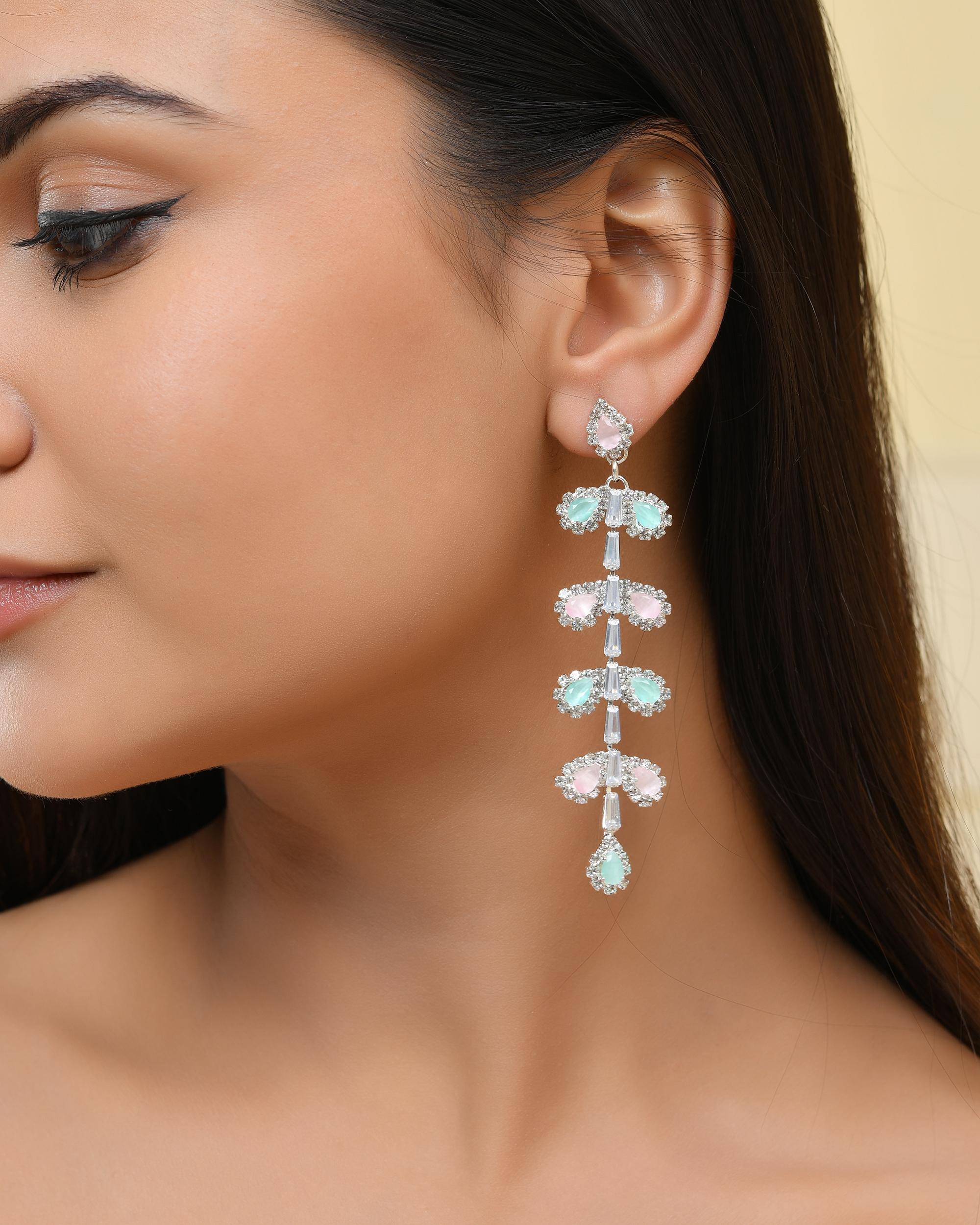 VOJ Silver-Toned Mind Green And Pink Leaf Shaped Drop Earrings - Distacart