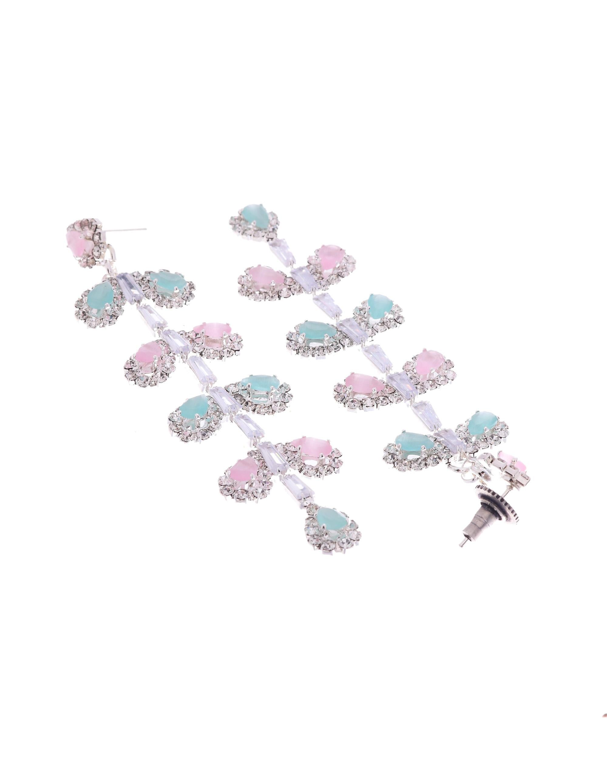 VOJ Silver-Toned Mind Green And Pink Leaf Shaped Drop Earrings - Distacart