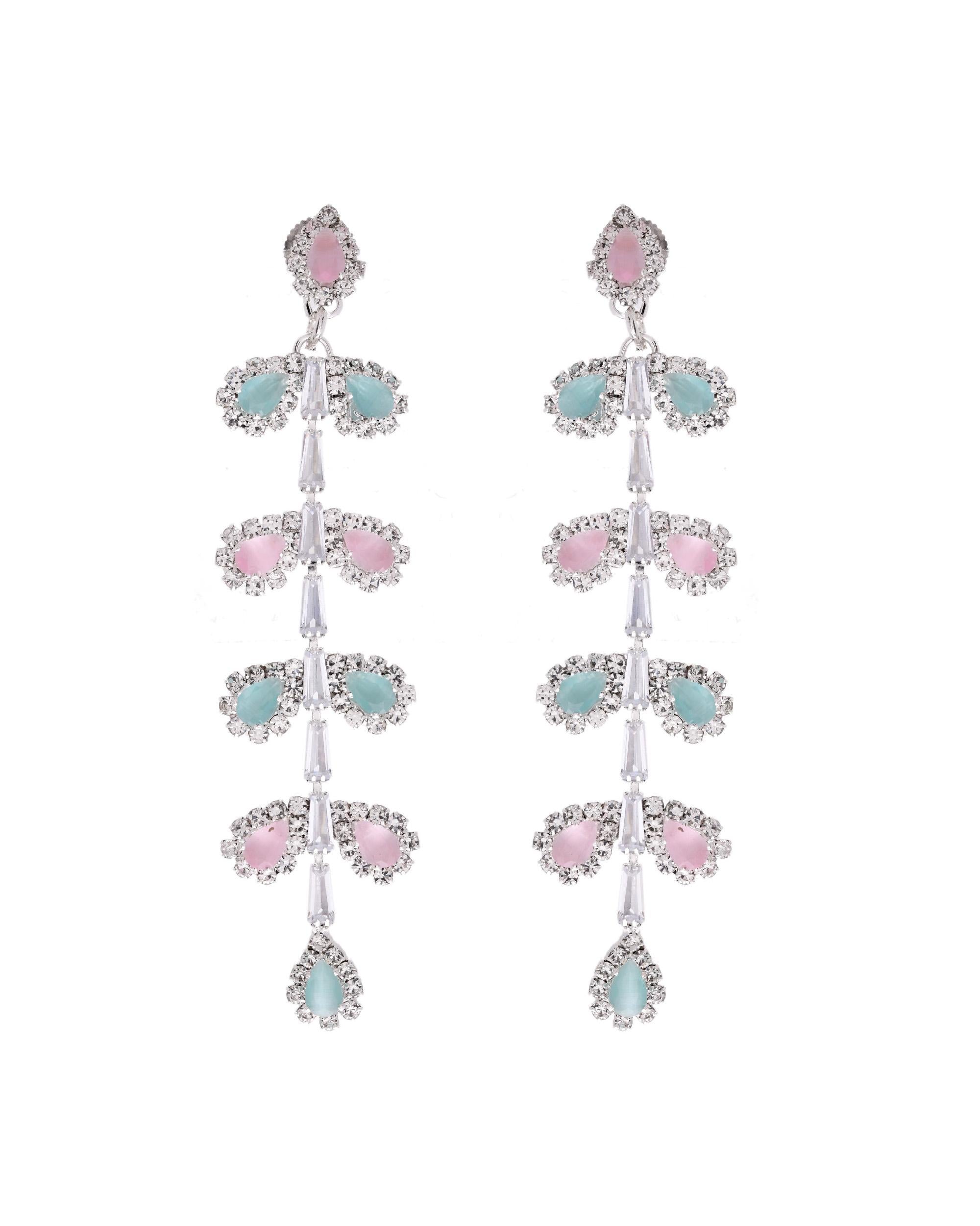 VOJ Silver-Toned Mind Green And Pink Leaf Shaped Drop Earrings - Distacart