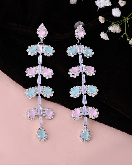 VOJ Silver-Toned Mind Green And Pink Leaf Shaped Drop Earrings