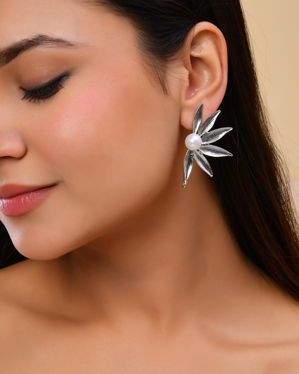 VOJ Silver Plated Stainless Steel Pearl Flower Shaped Studs - Distacart