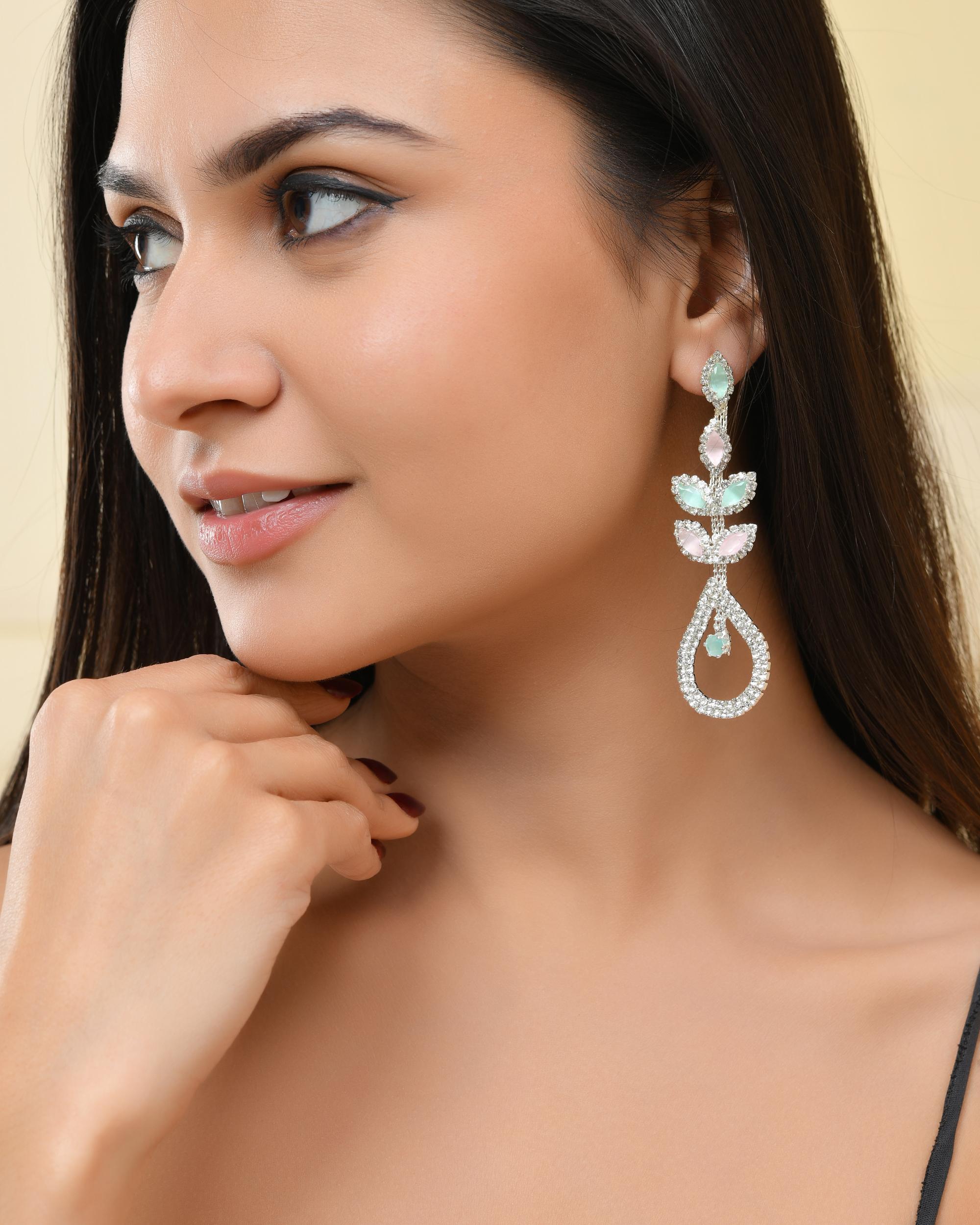 VOJ Silver-Toned Mind Green And Pink Teardrop Shaped Drop Earrings - Distacart