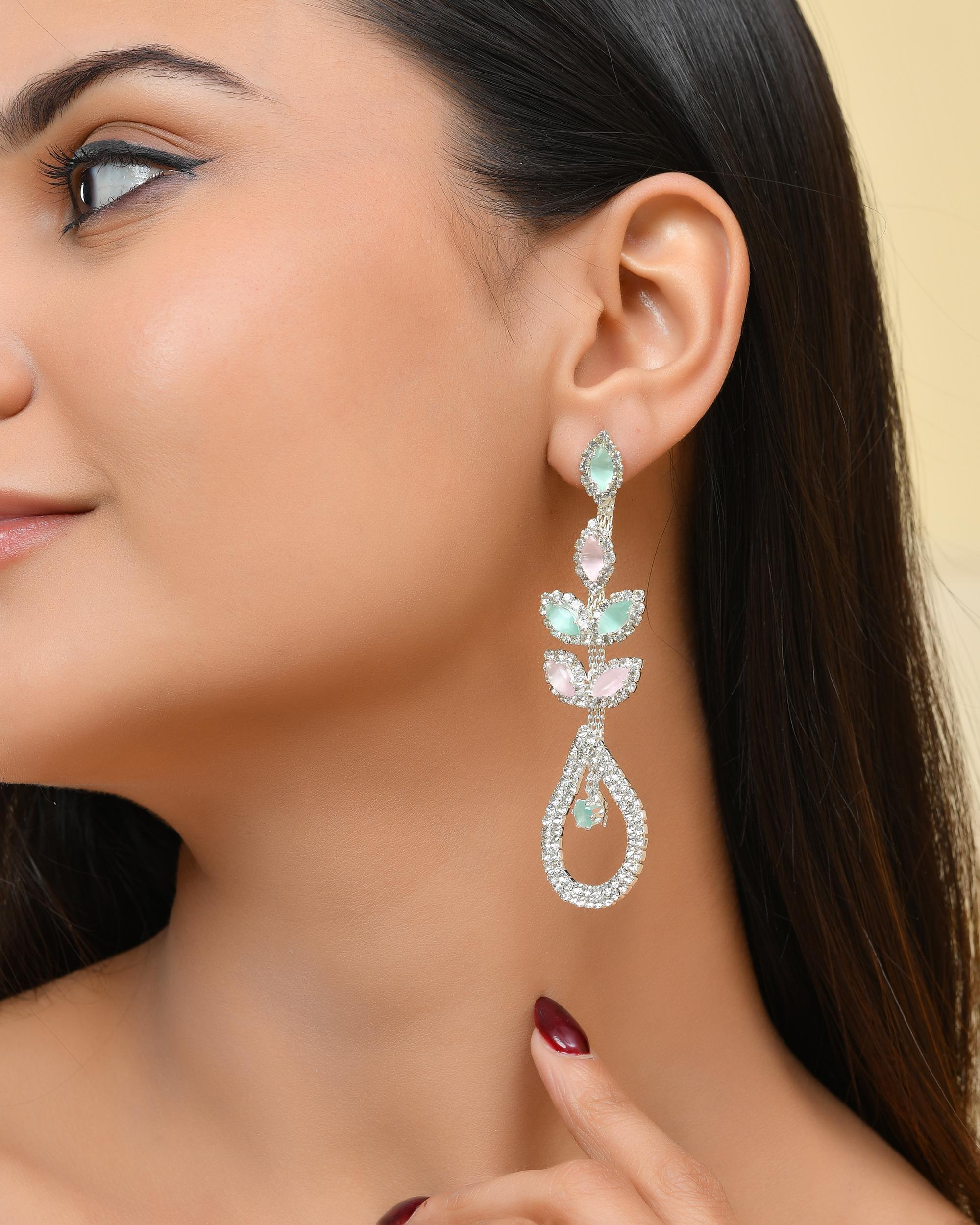 VOJ Silver-Toned Mind Green And Pink Teardrop Shaped Drop Earrings - Distacart