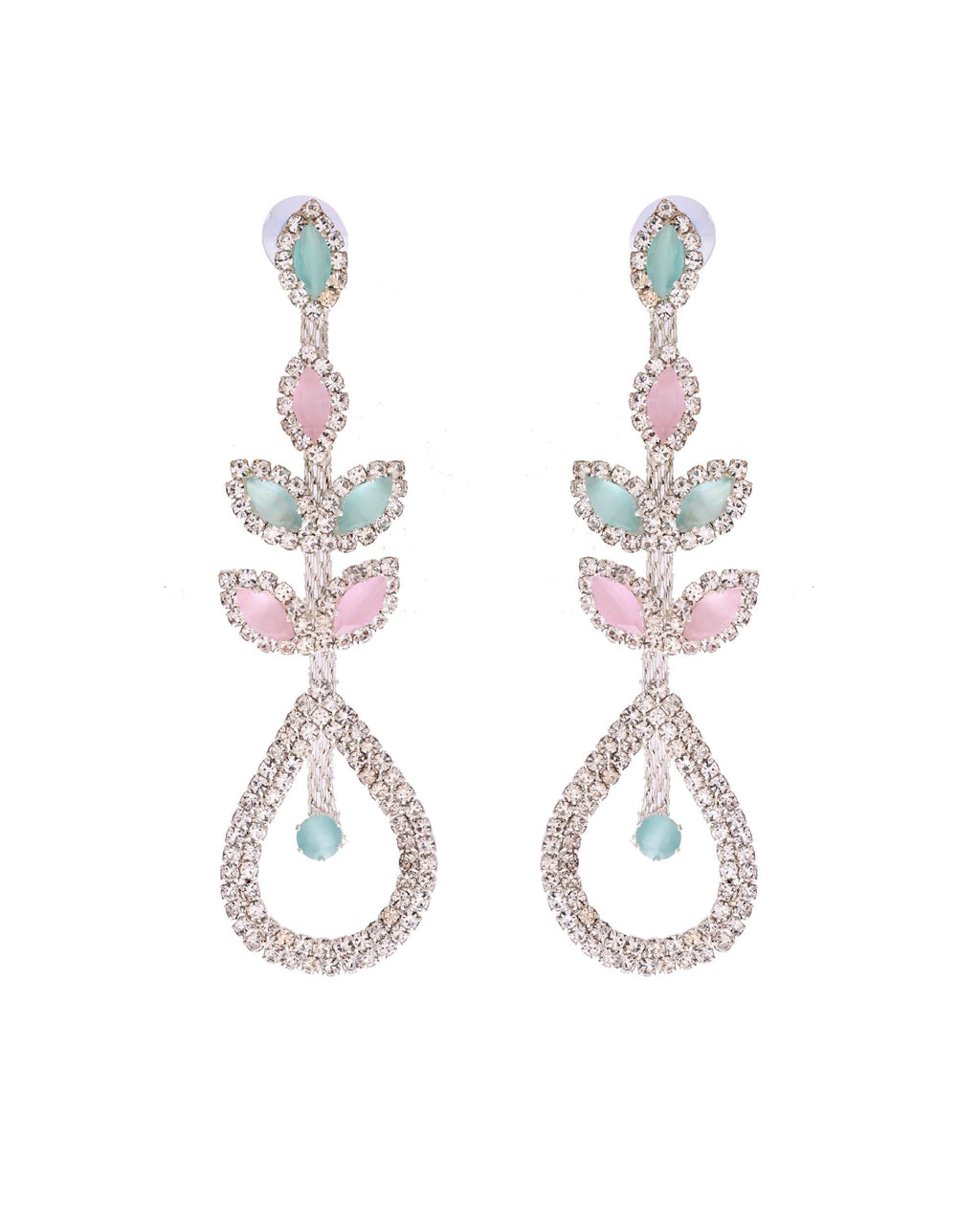 VOJ Silver-Toned Mind Green And Pink Teardrop Shaped Drop Earrings - Distacart