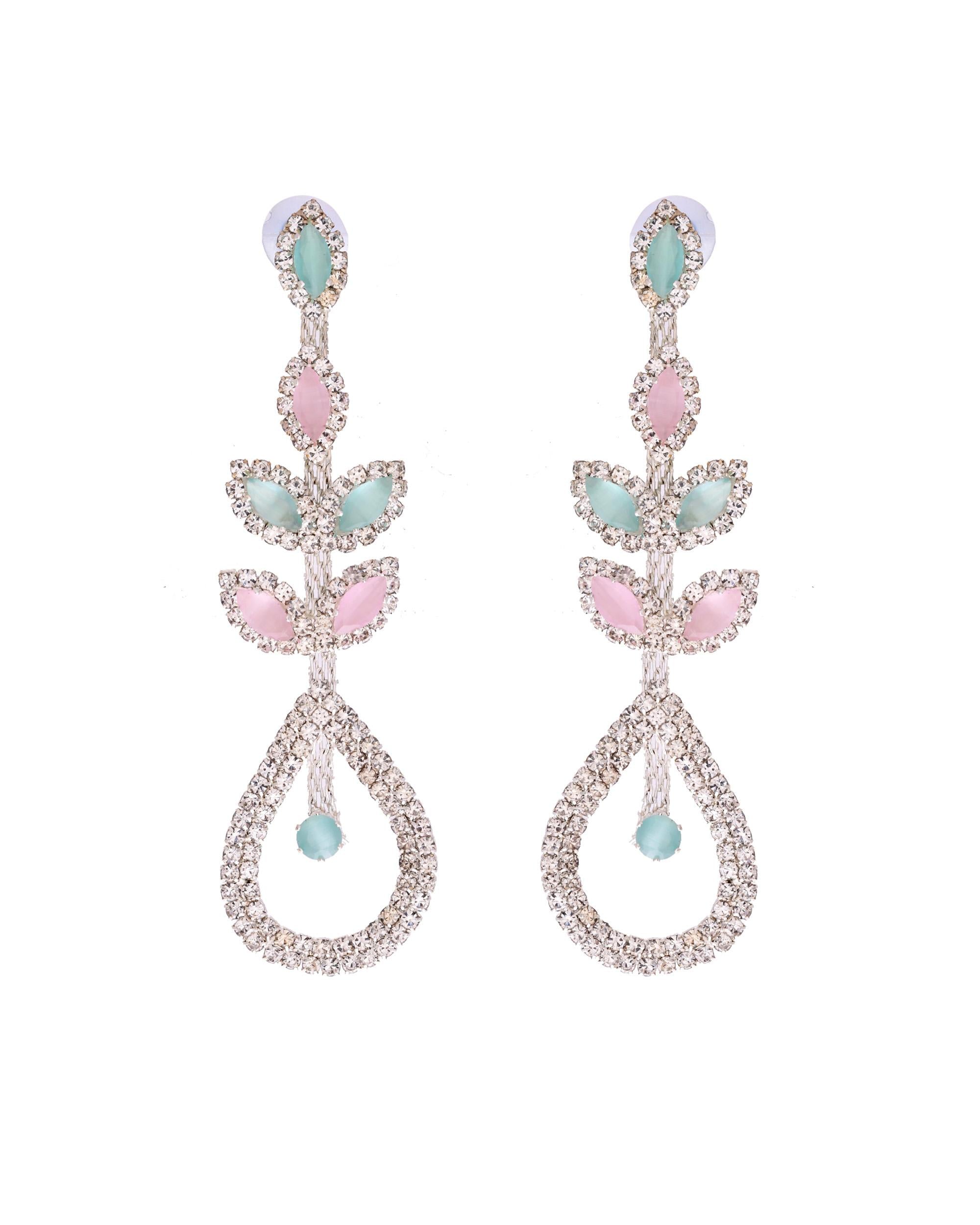 VOJ Silver-Toned Mind Green And Pink Teardrop Shaped Drop Earrings - Distacart