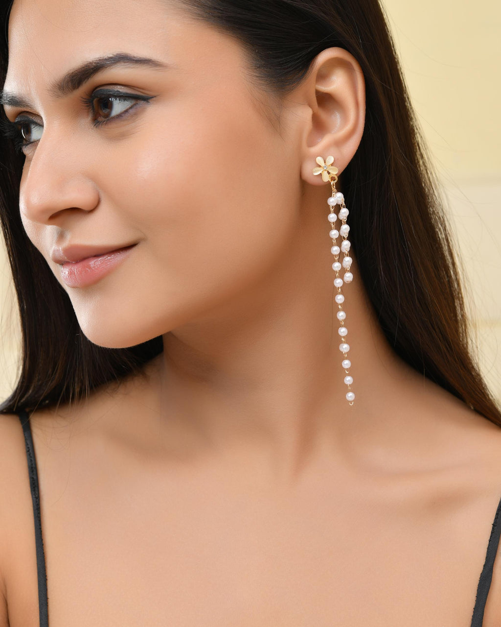 VOJ Gold-Polished Flower Stone Studded & Beaded Acrylic Drop Earrings - Distacart