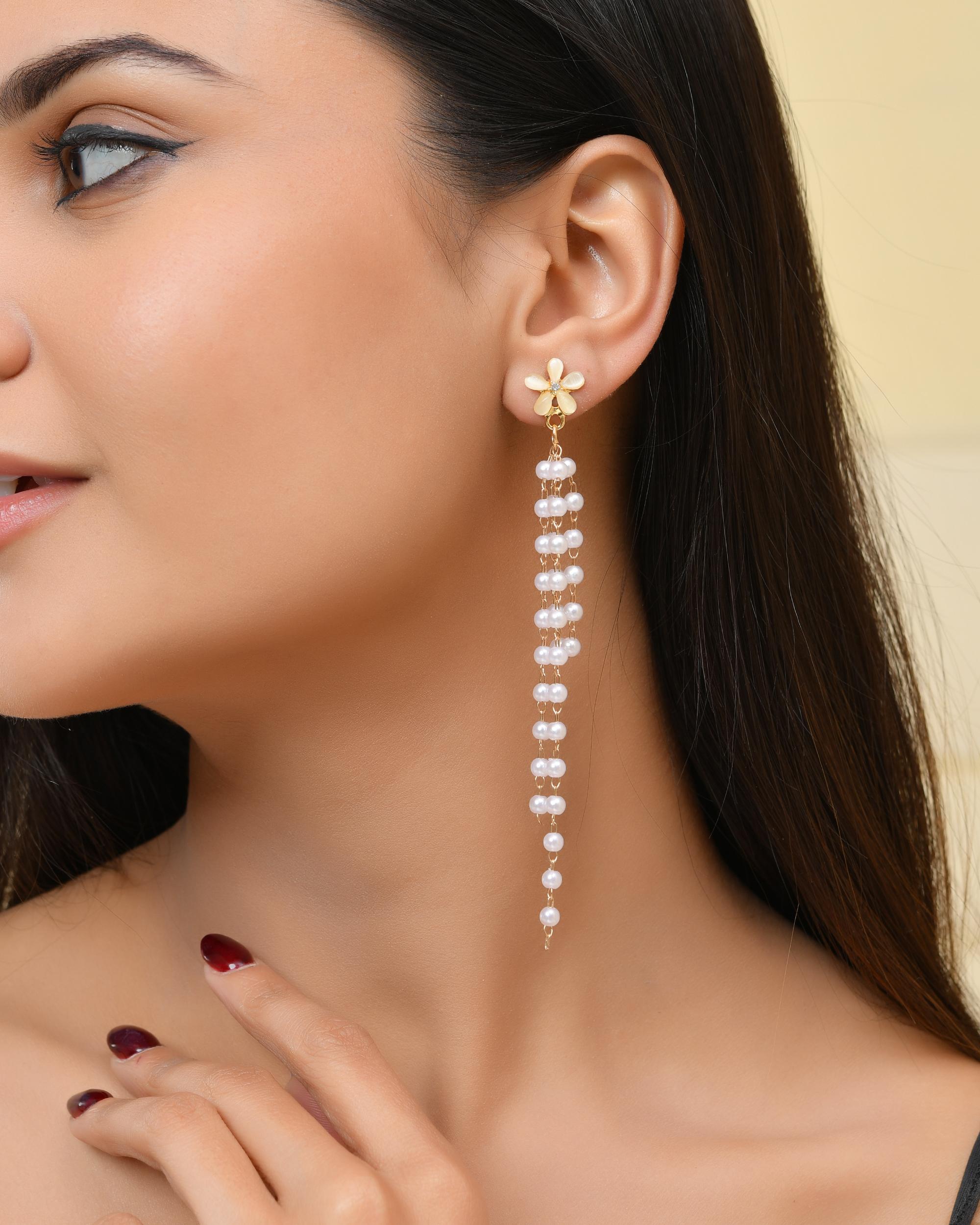 VOJ Gold-Polished Flower Stone Studded & Beaded Acrylic Drop Earrings - Distacart