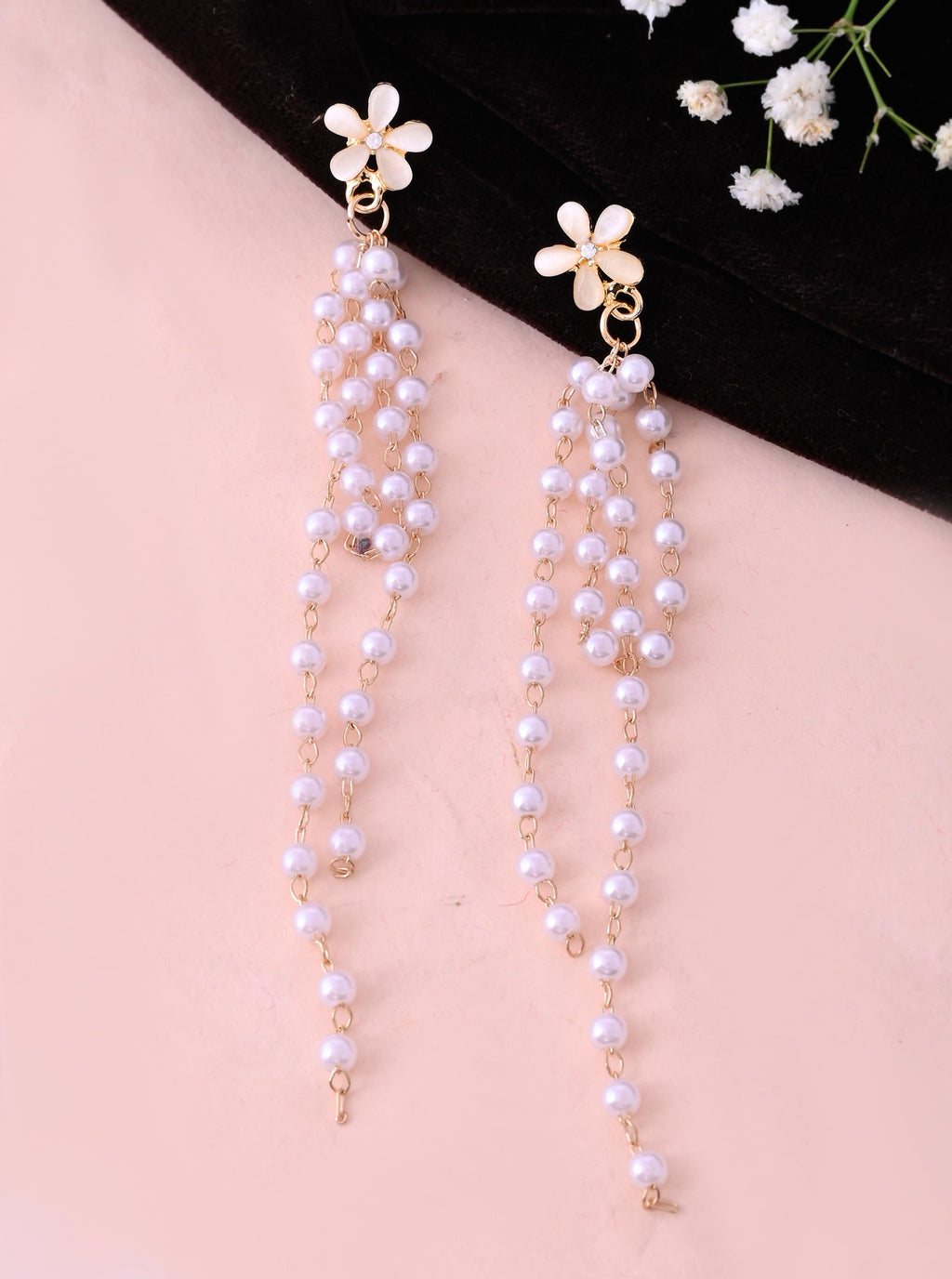 VOJ Gold-Polished Flower Stone Studded & Beaded Acrylic Drop Earrings - Distacart