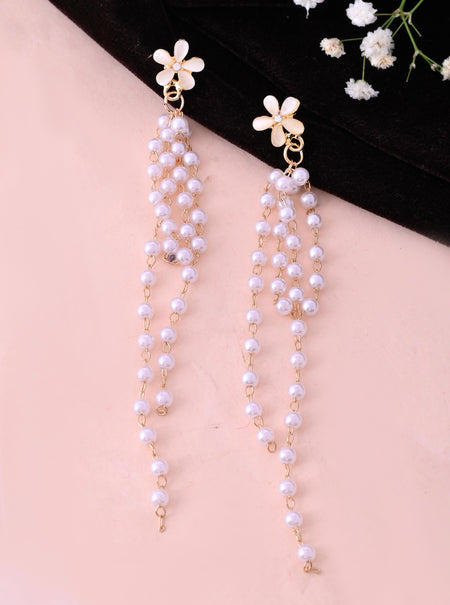 VOJ Gold-Polished Flower Stone Studded & Beaded Acrylic Drop Earrings