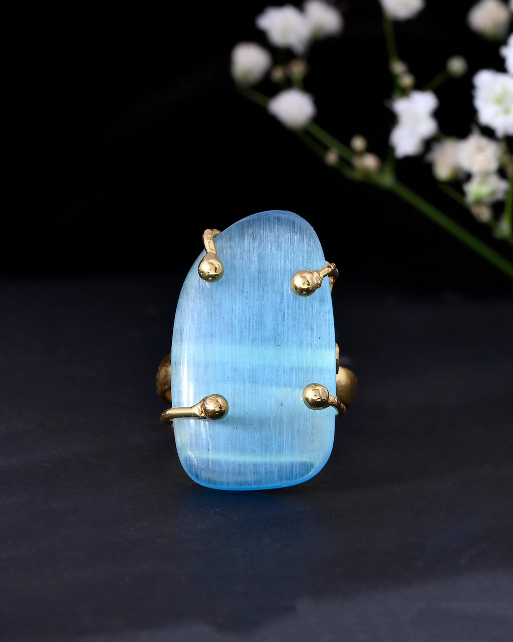 VOJ Gold-Polished Light Blue Stone Studded Ring