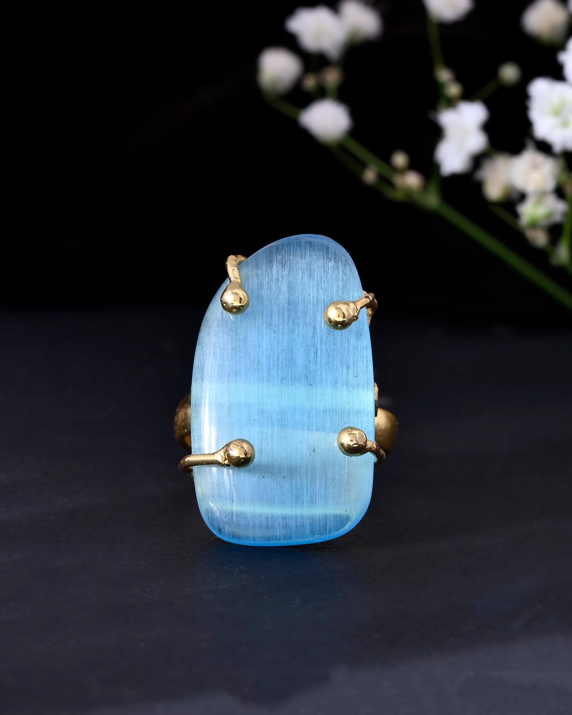 VOJ Gold-Polished Light Blue Stone Studded Ring