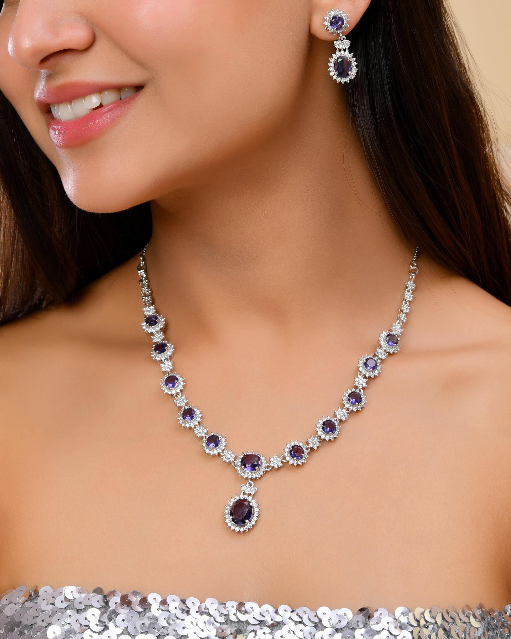 VOJ Silver Plated Blue Ad Stone Studded Jewellery Set