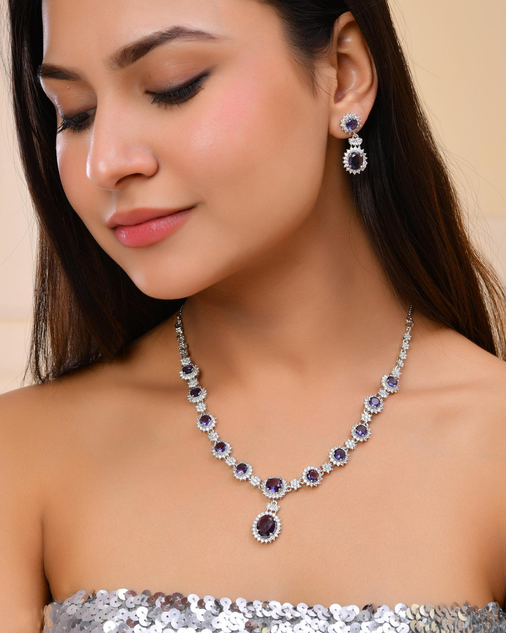 VOJ Silver Plated Blue Ad Stone Studded Jewellery Set