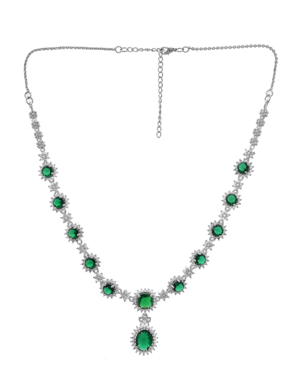 VOJ Silver Plated Green Ad Stone Studded Necklace With Earrings Set
