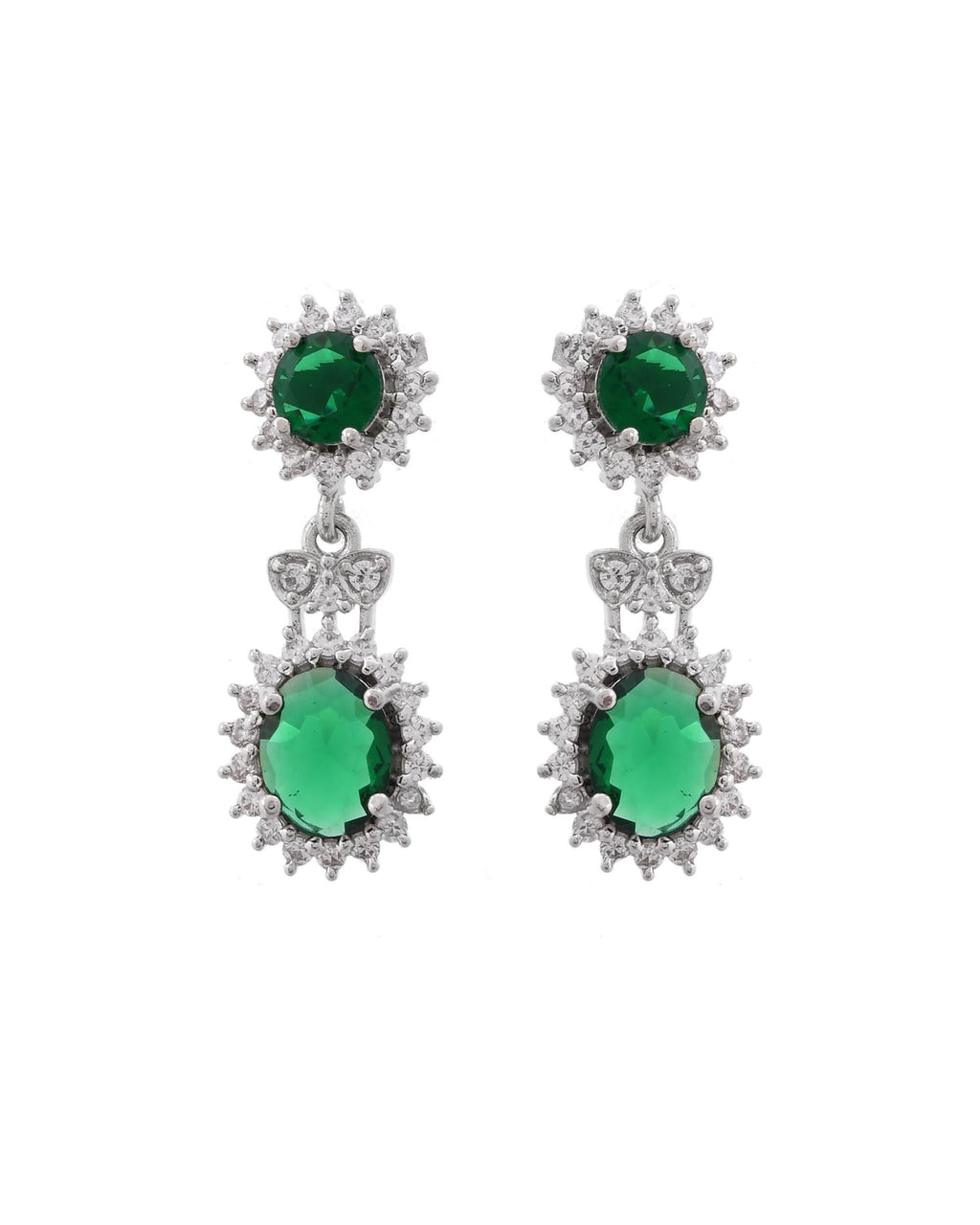 VOJ Silver Plated Green Ad Stone Studded Necklace With Earrings Set
