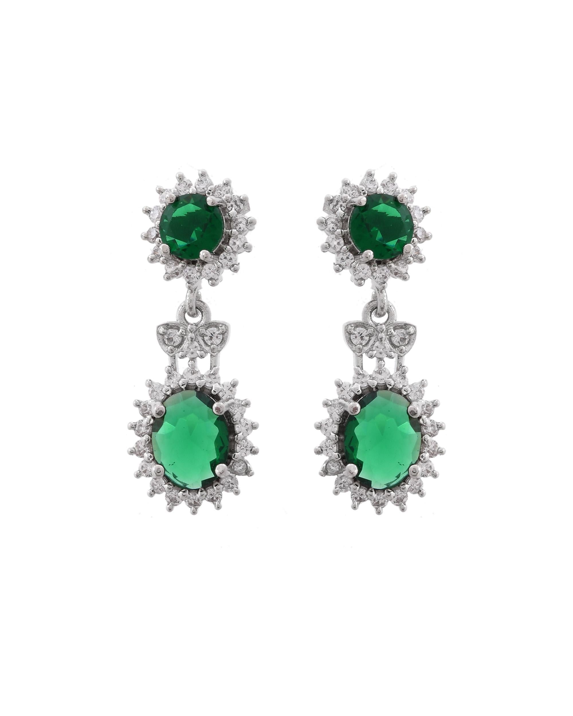 VOJ Silver Plated Green Ad Stone Studded Necklace With Earrings Set