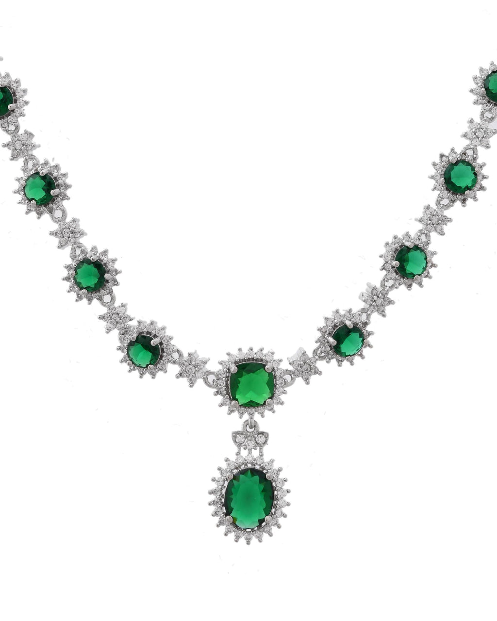 VOJ Silver Plated Green Ad Stone Studded Necklace With Earrings Set