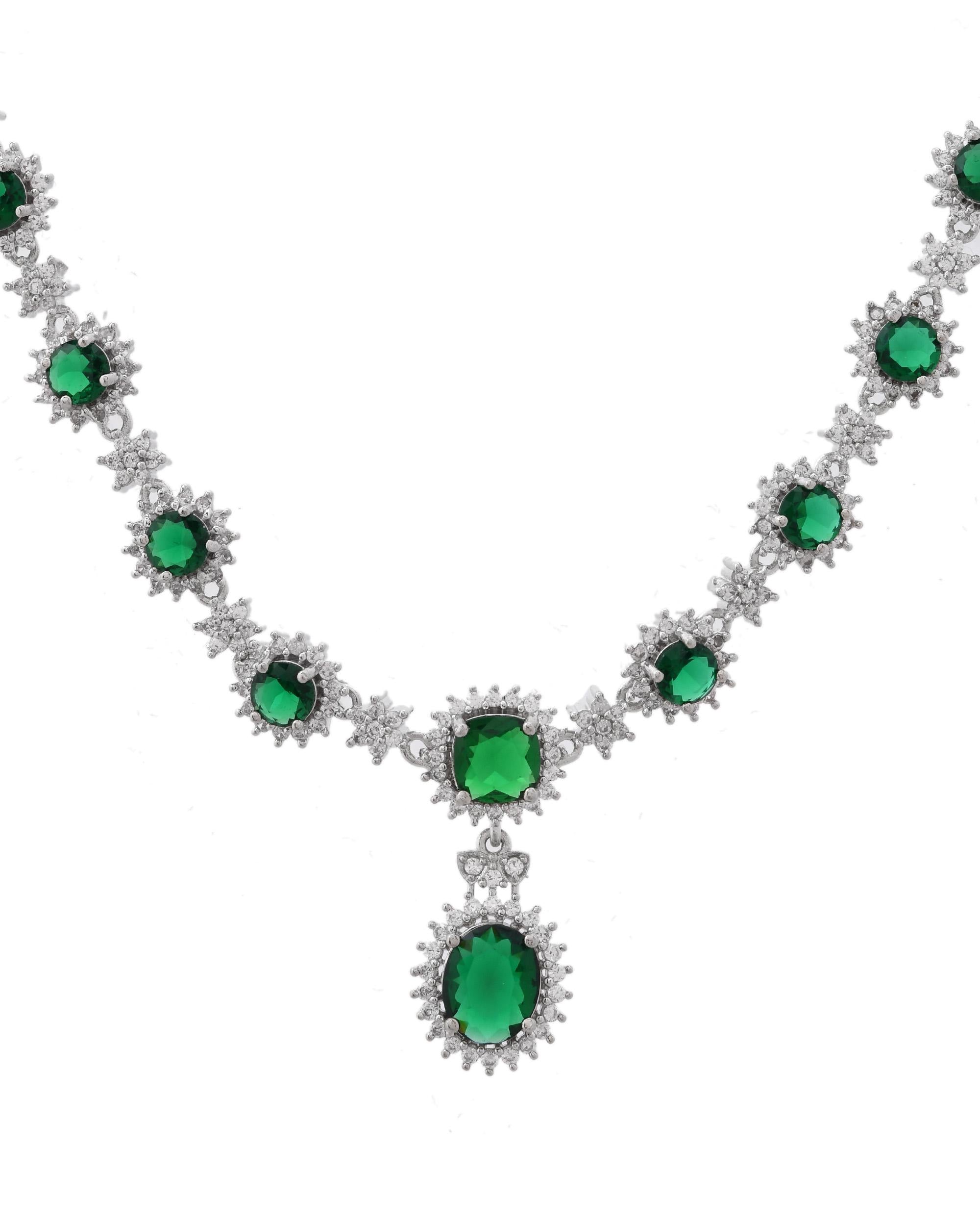 VOJ Silver Plated Green Ad Stone Studded Necklace With Earrings Set
