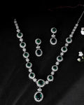 VOJ Silver Plated Green Ad Stone Studded Necklace With Earrings Set