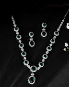 VOJ Silver Plated Green Ad Stone Studded Necklace With Earrings Set