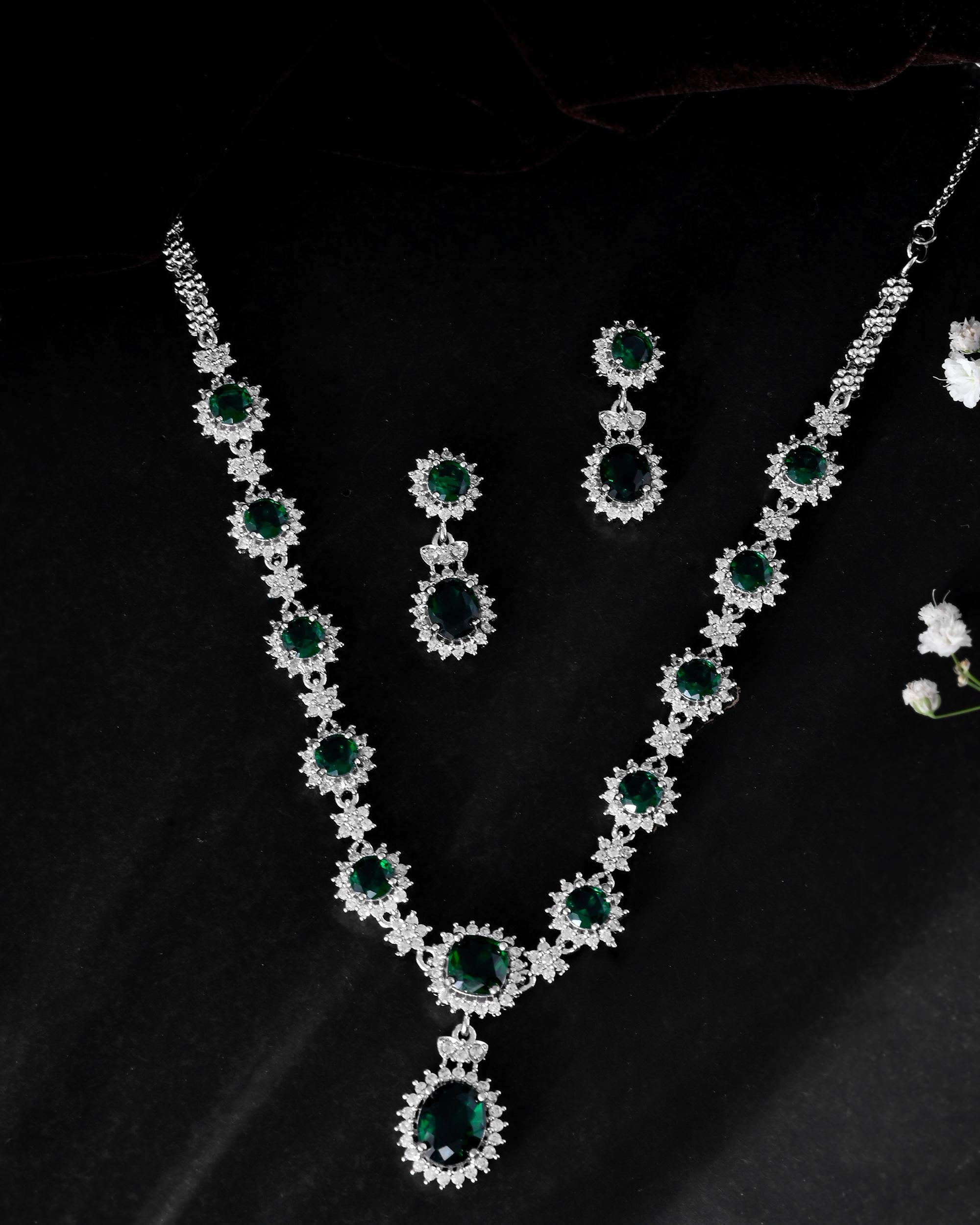VOJ Silver Plated Green Ad Stone Studded Necklace With Earrings Set