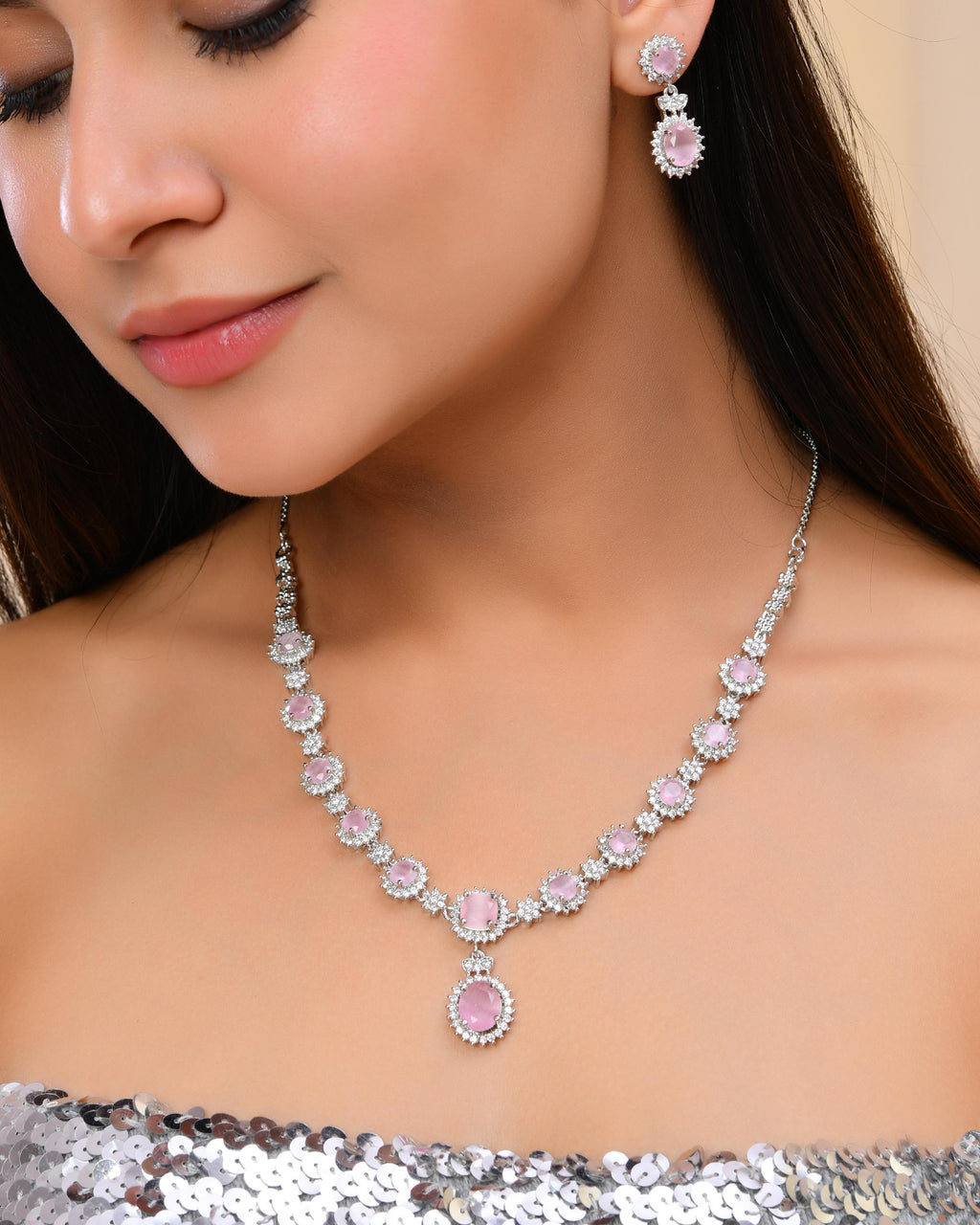 VOJ Baby Pink Ad Stone Studded Silver Plated Jewellery Set