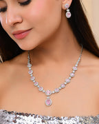 VOJ Baby Pink Ad Stone Studded Silver Plated Jewellery Set