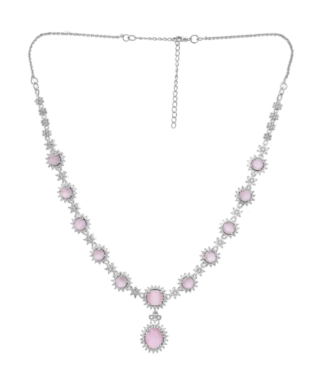 VOJ Baby Pink Ad Stone Studded Silver Plated Jewellery Set