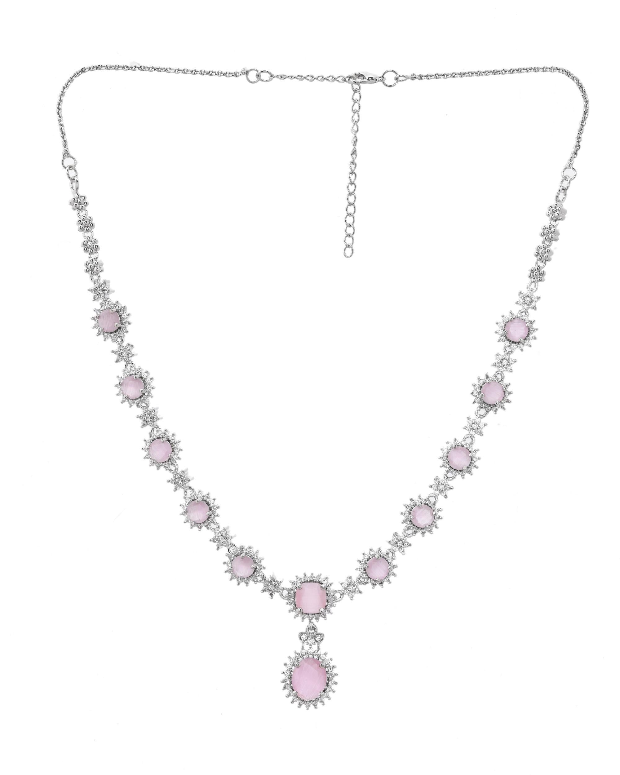 VOJ Baby Pink Ad Stone Studded Silver Plated Jewellery Set