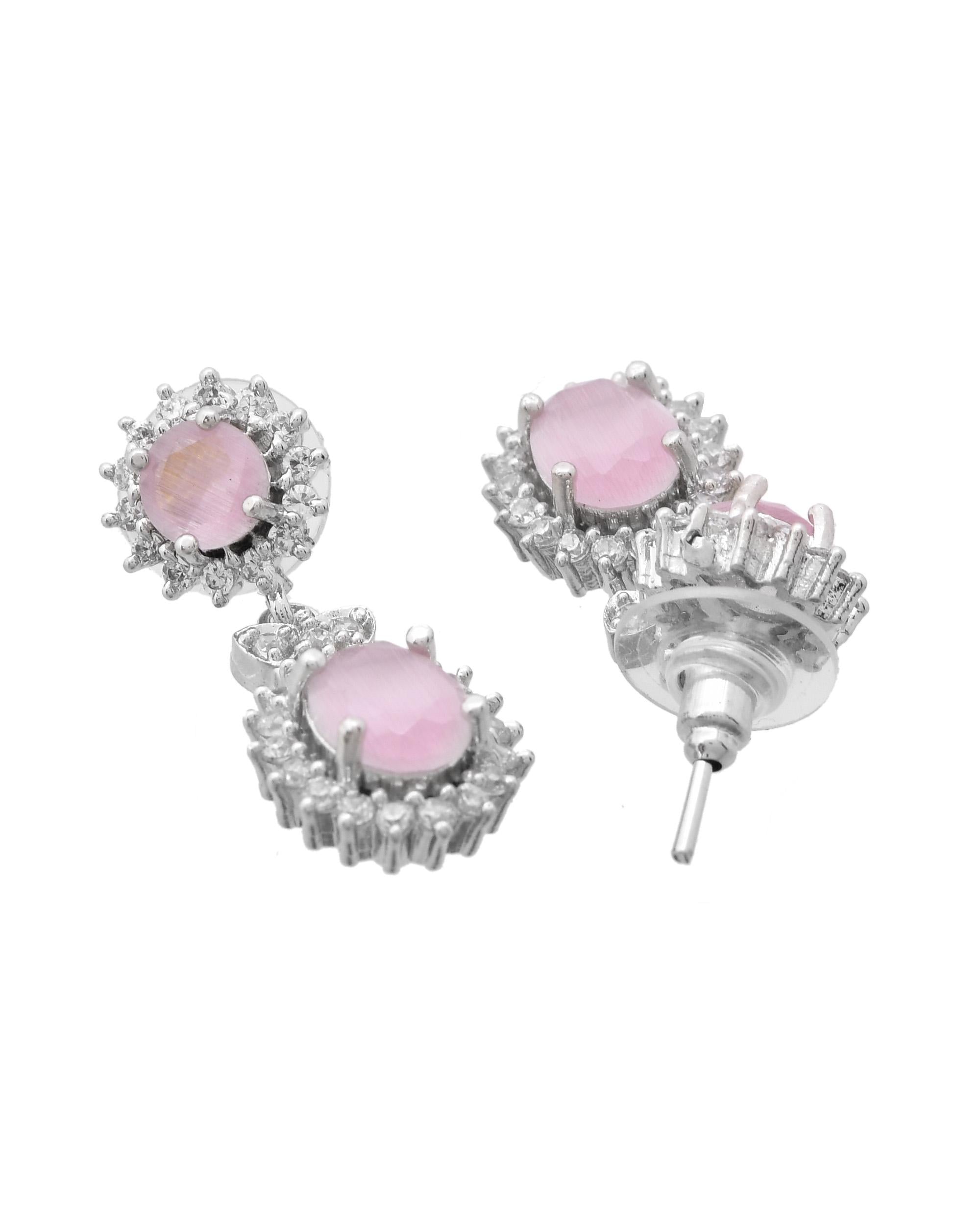 VOJ Baby Pink Ad Stone Studded Silver Plated Jewellery Set