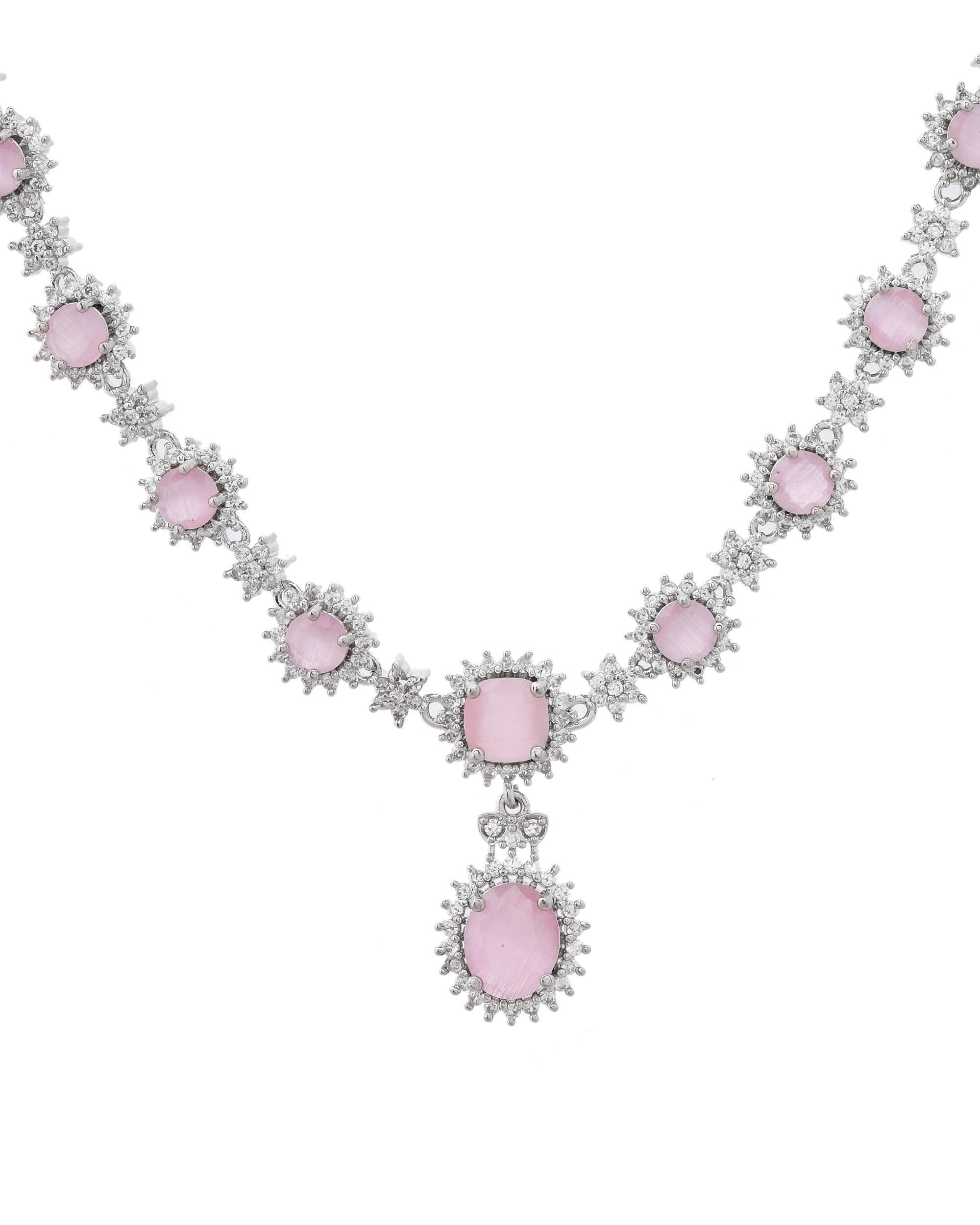 VOJ Baby Pink Ad Stone Studded Silver Plated Jewellery Set