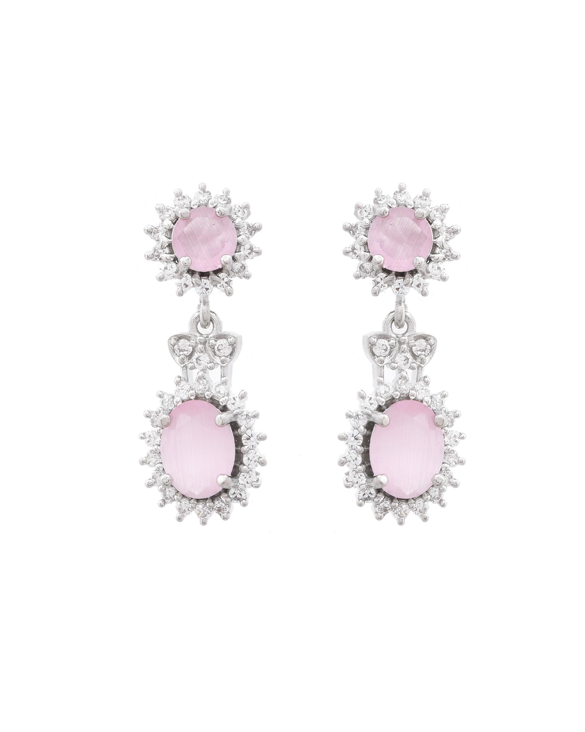VOJ Baby Pink Ad Stone Studded Silver Plated Jewellery Set