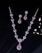 VOJ Baby Pink Ad Stone Studded Silver Plated Jewellery Set