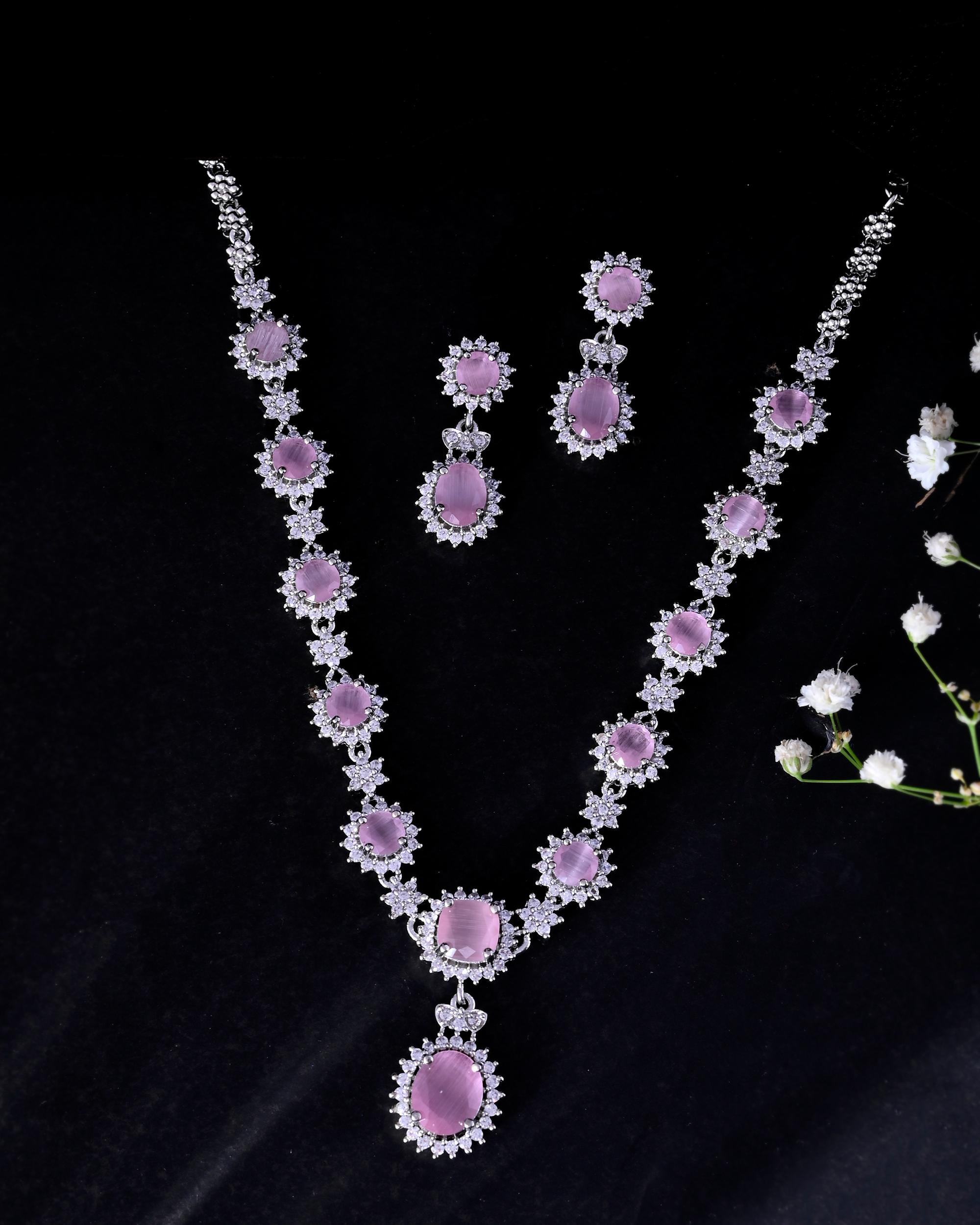 VOJ Baby Pink Ad Stone Studded Silver Plated Jewellery Set