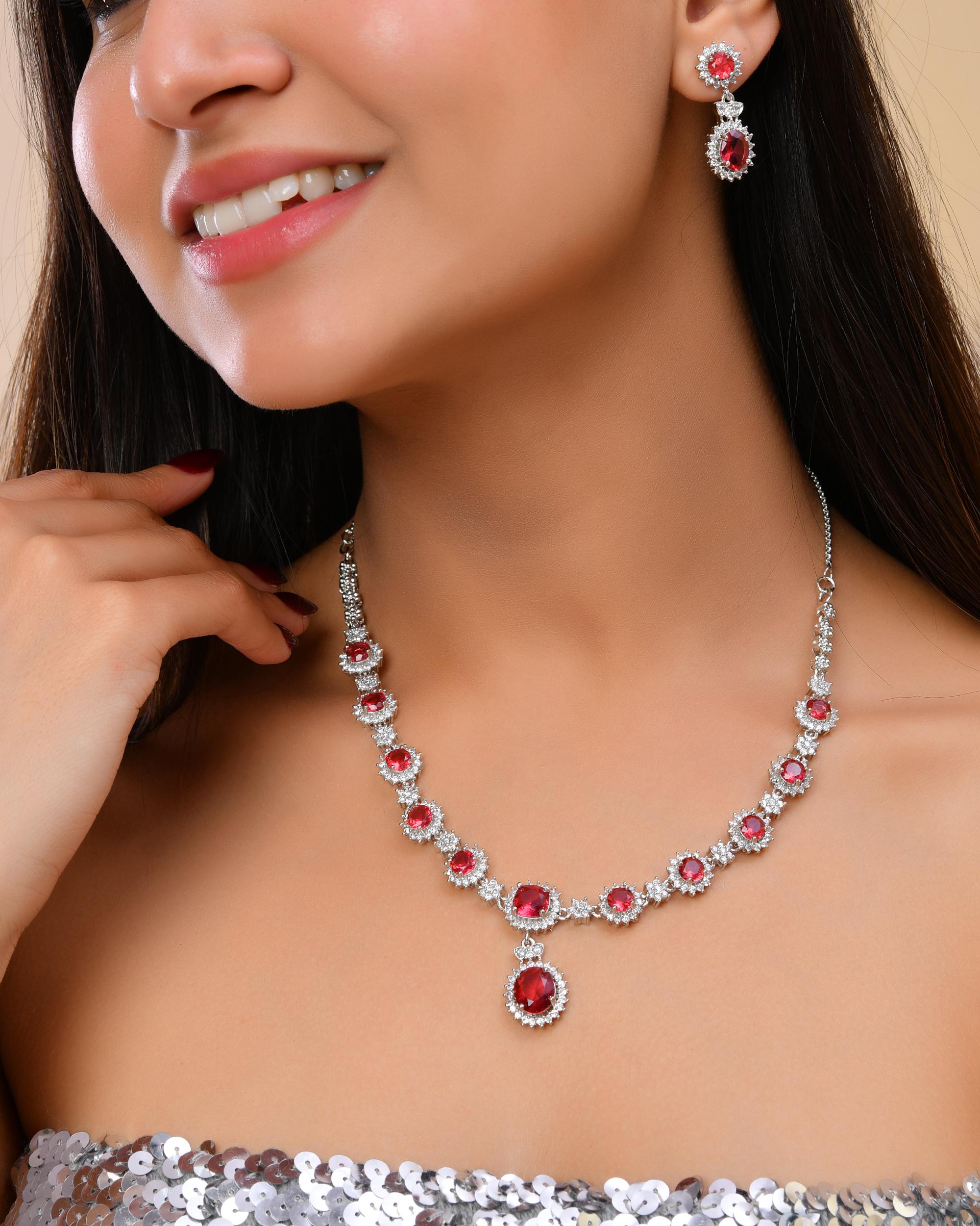 VOJ Silver Plated Red Ad Stone Studded Designer Jewellery Set