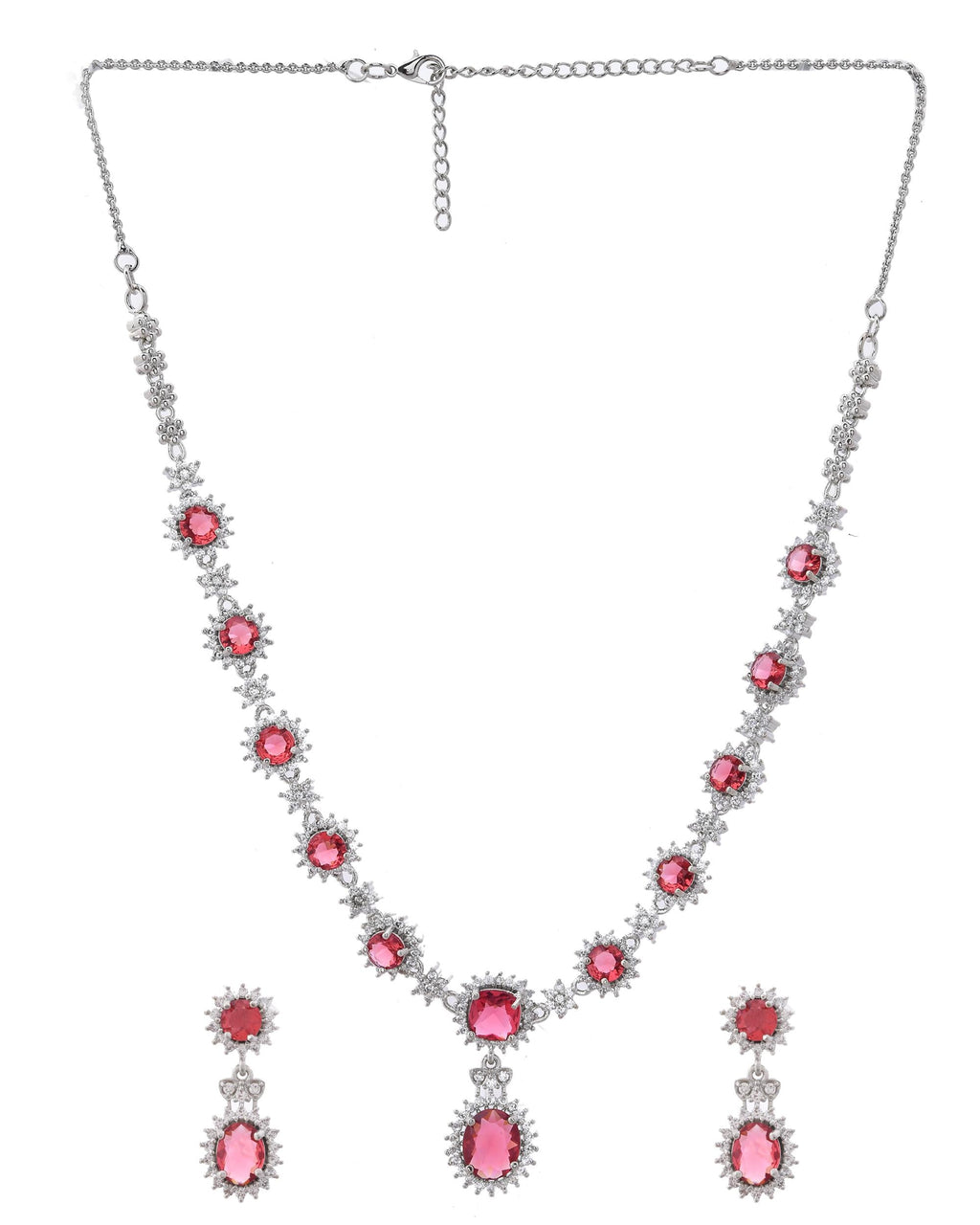 VOJ Silver Plated Red Ad Stone Studded Designer Jewellery Set