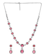 VOJ Silver Plated Red Ad Stone Studded Designer Jewellery Set