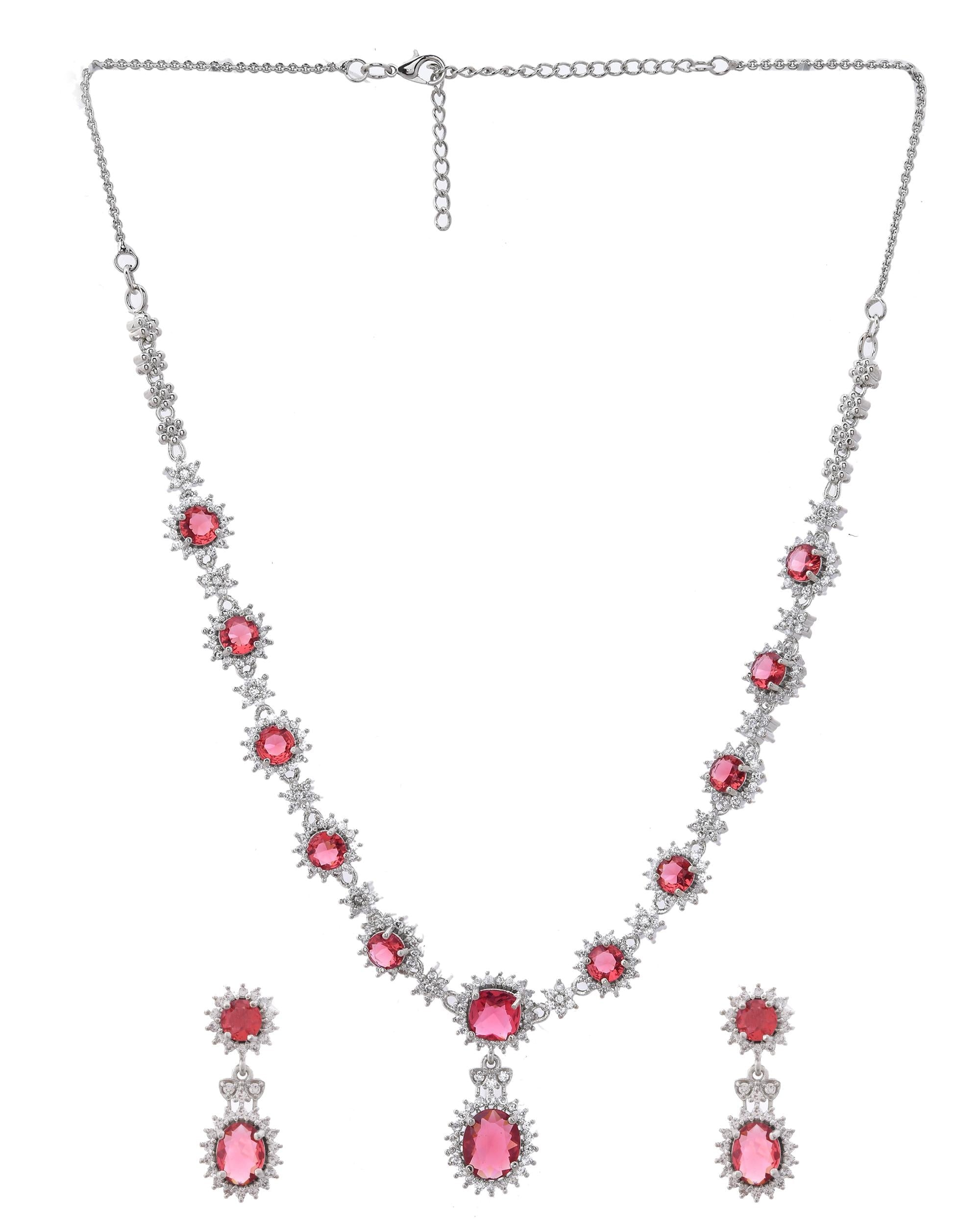 VOJ Silver Plated Red Ad Stone Studded Designer Jewellery Set