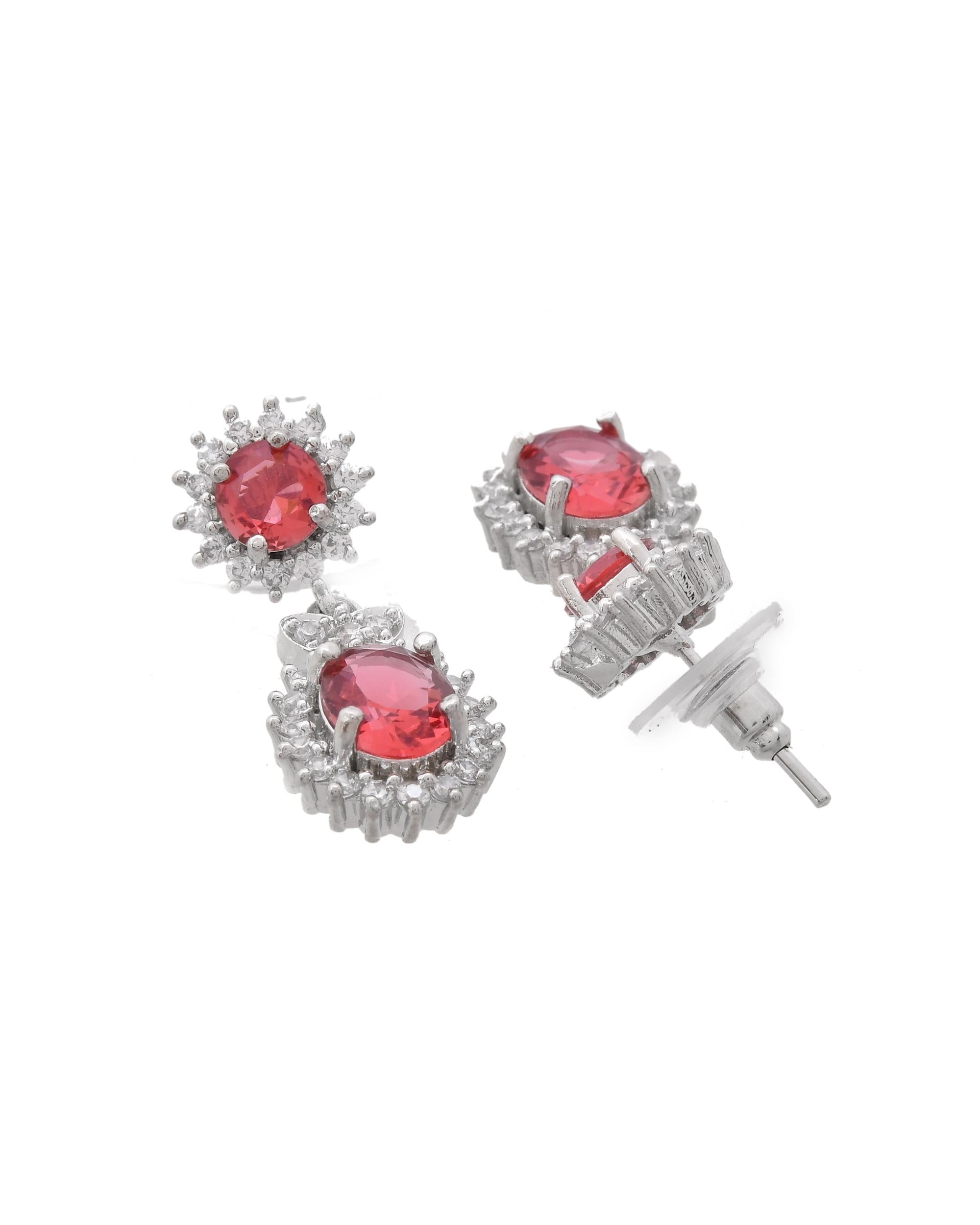 VOJ Silver Plated Red Ad Stone Studded Designer Jewellery Set