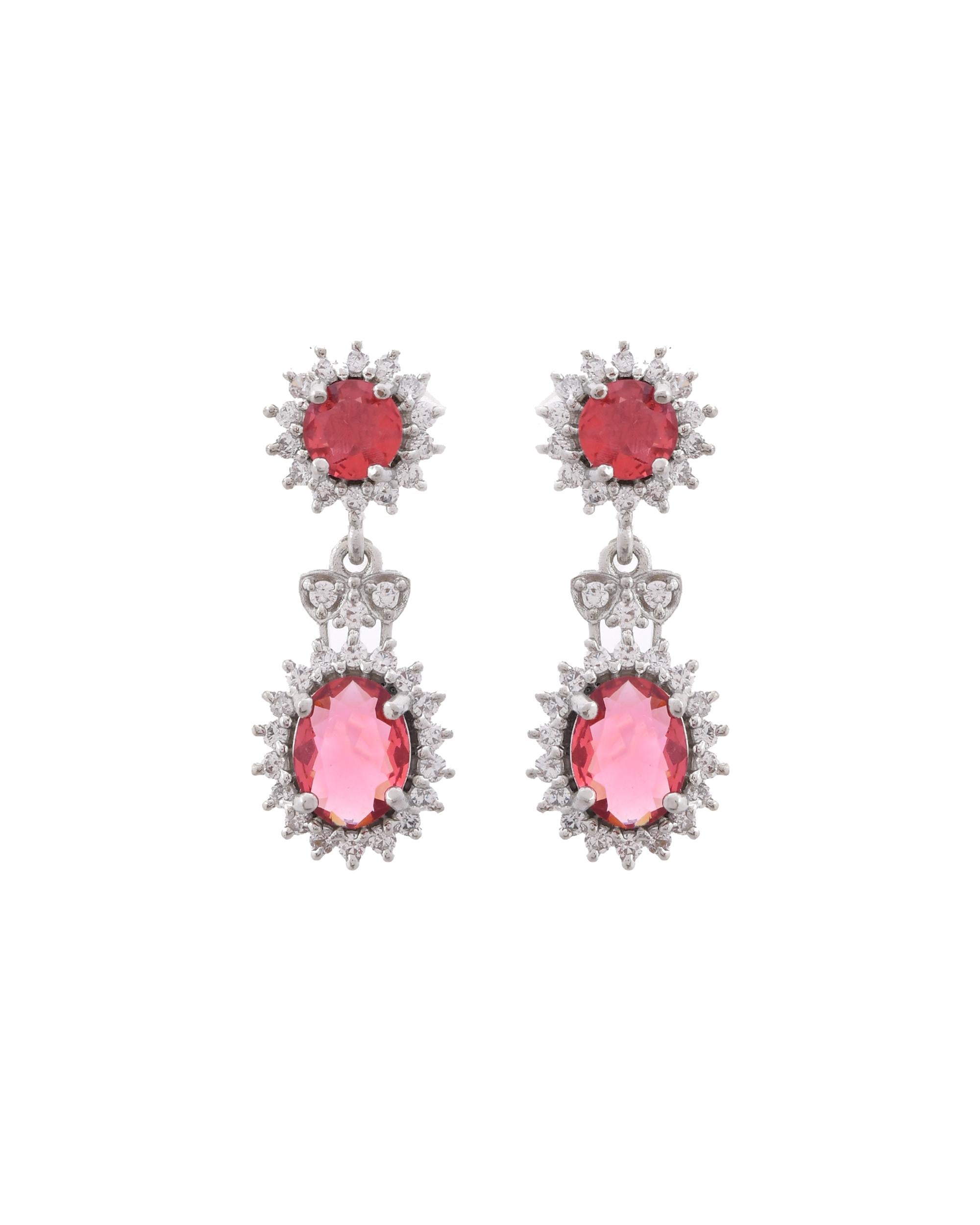 VOJ Silver Plated Red Ad Stone Studded Designer Jewellery Set