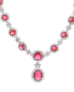 VOJ Silver Plated Red Ad Stone Studded Designer Jewellery Set