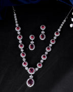 VOJ Silver Plated Red Ad Stone Studded Designer Jewellery Set