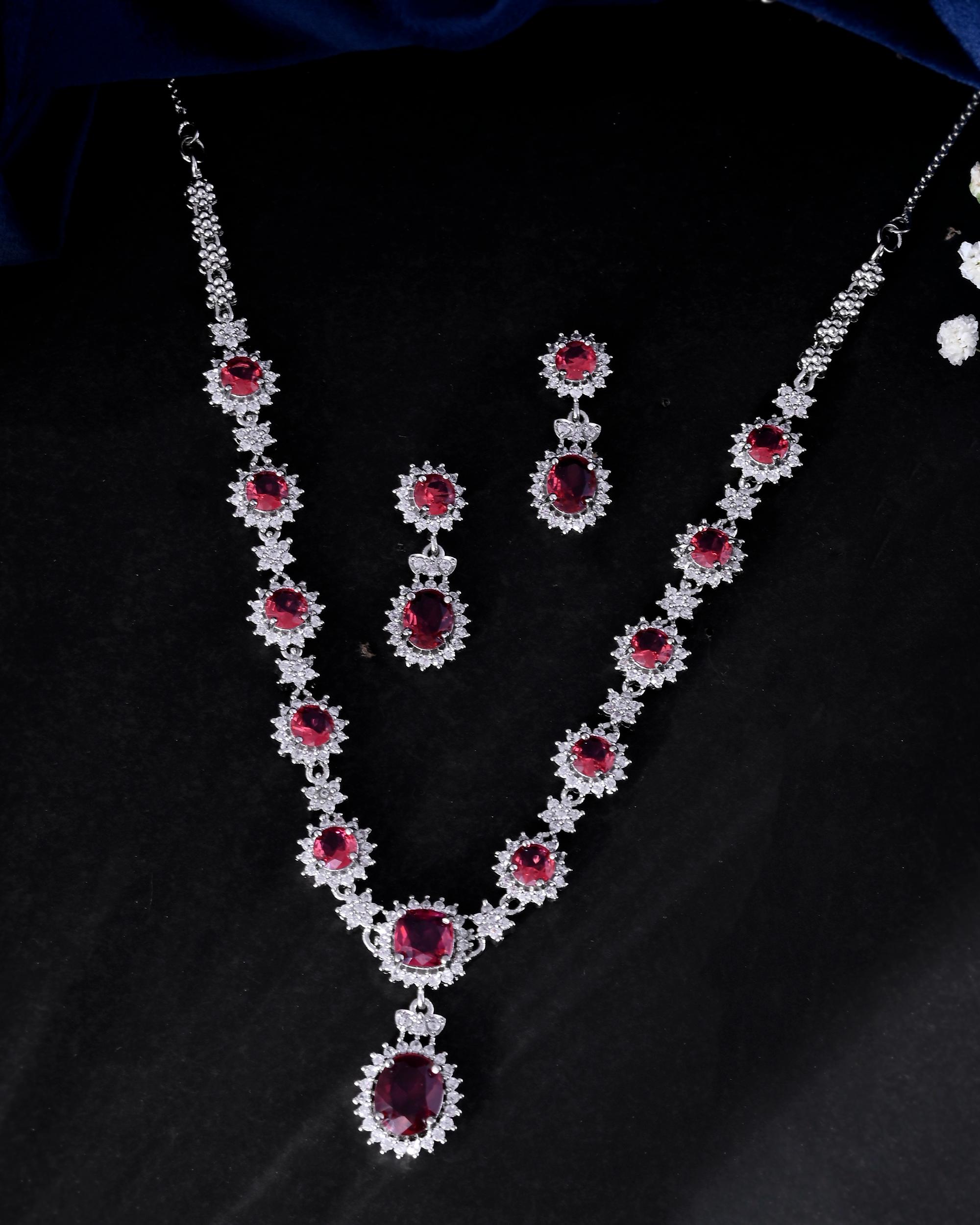 VOJ Silver Plated Red Ad Stone Studded Designer Jewellery Set