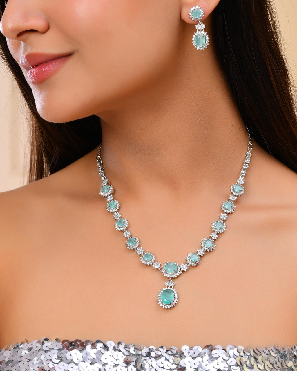 VOJ Silver Plated Sea Green Ad Studded Designer Jewellery Set