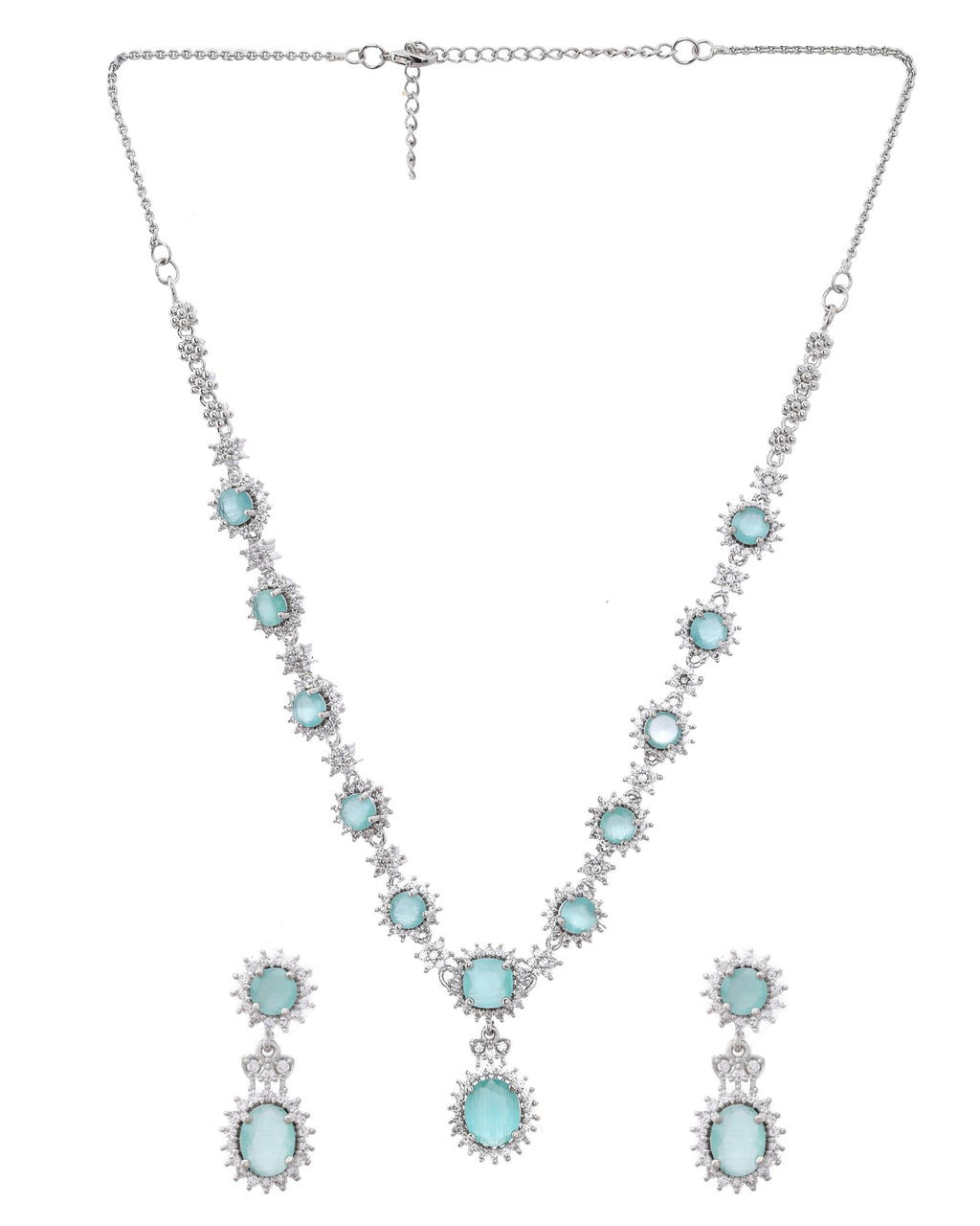 VOJ Silver Plated Sea Green Ad Studded Designer Jewellery Set
