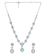 VOJ Silver Plated Sea Green Ad Studded Designer Jewellery Set