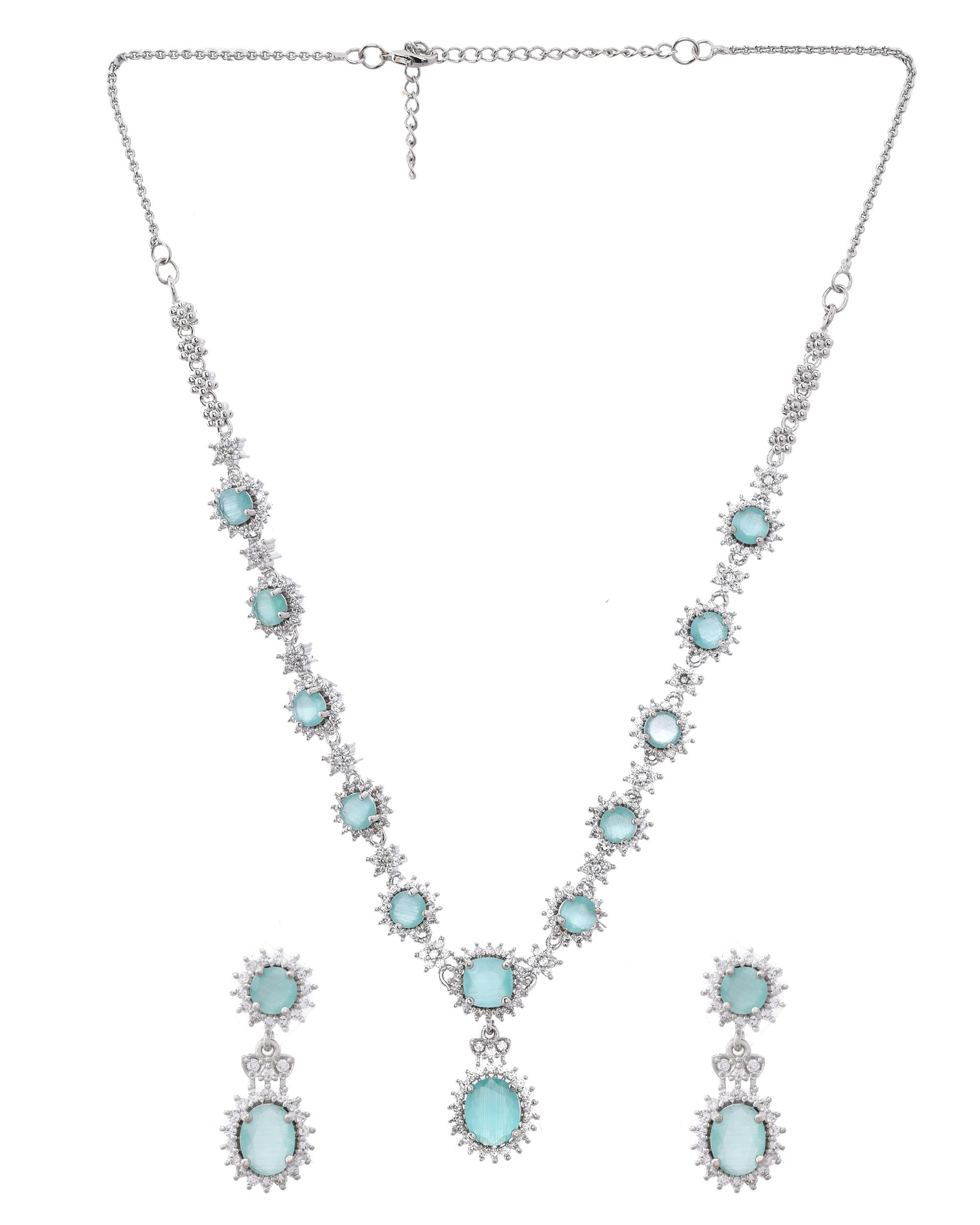 VOJ Silver Plated Sea Green Ad Studded Designer Jewellery Set